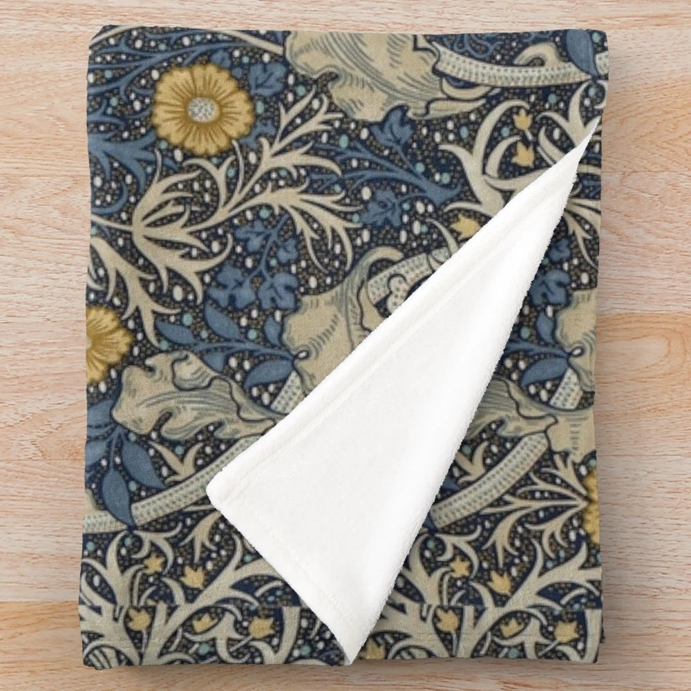 William Morris seaweed inspired plush blanket with nature-based artwork