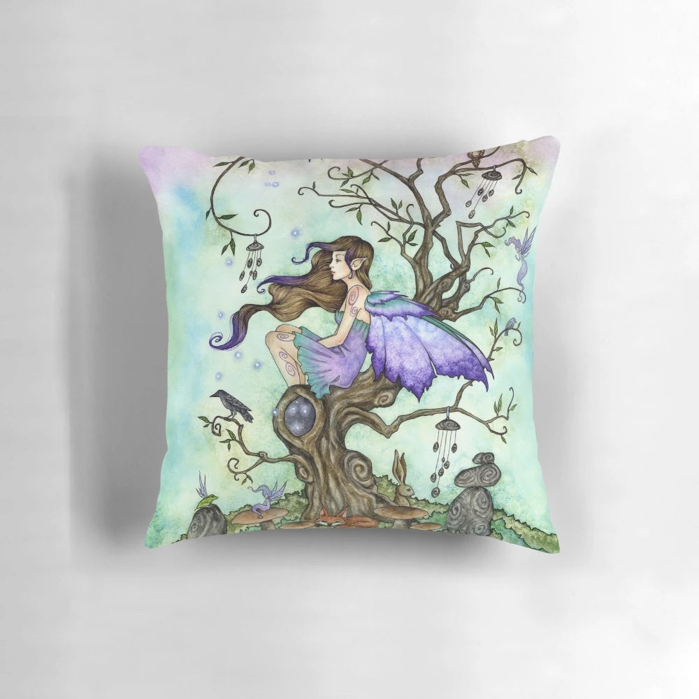 Decorative wind chimes fairy throw pillow with fantasy creatures and greenery