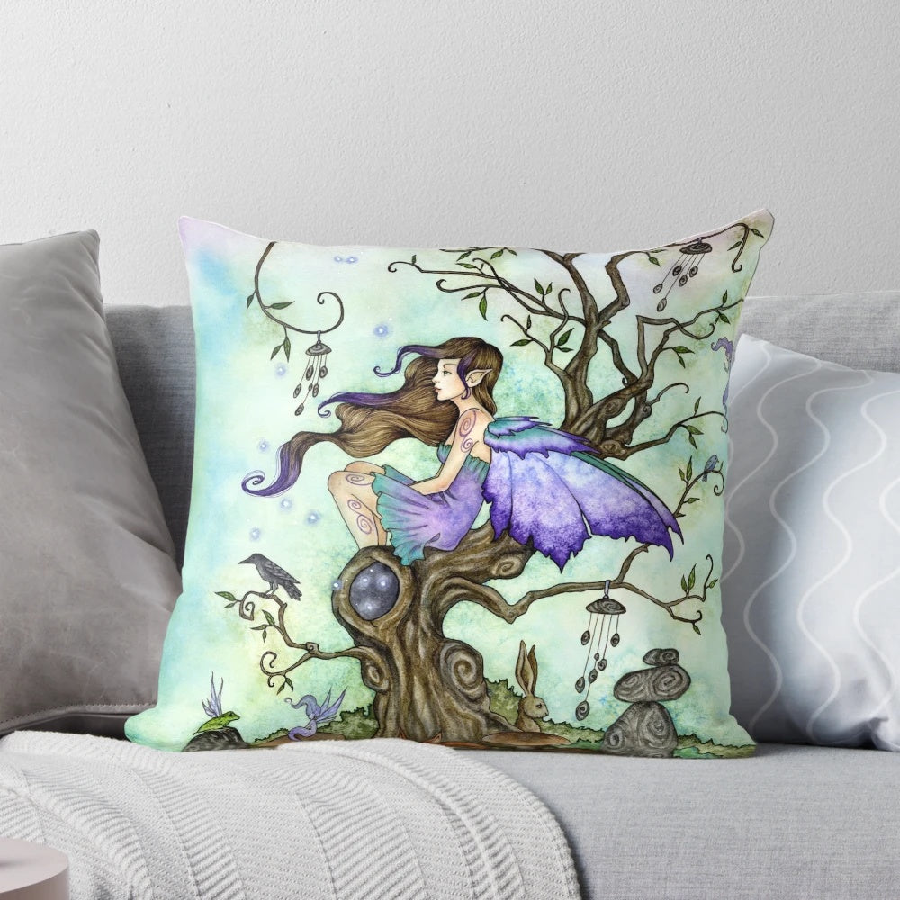 Decorative wind chimes fairy throw pillow with fantasy creatures and greenery