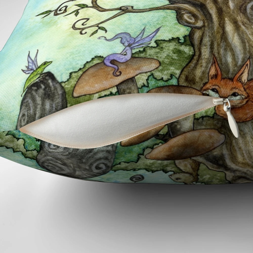 Decorative wind chimes fairy throw pillow with fantasy creatures and greenery