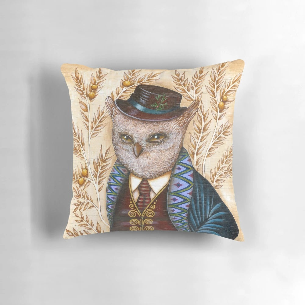 Whimsical wind king pillow featuring a magical owl hat design for fantasy home décor