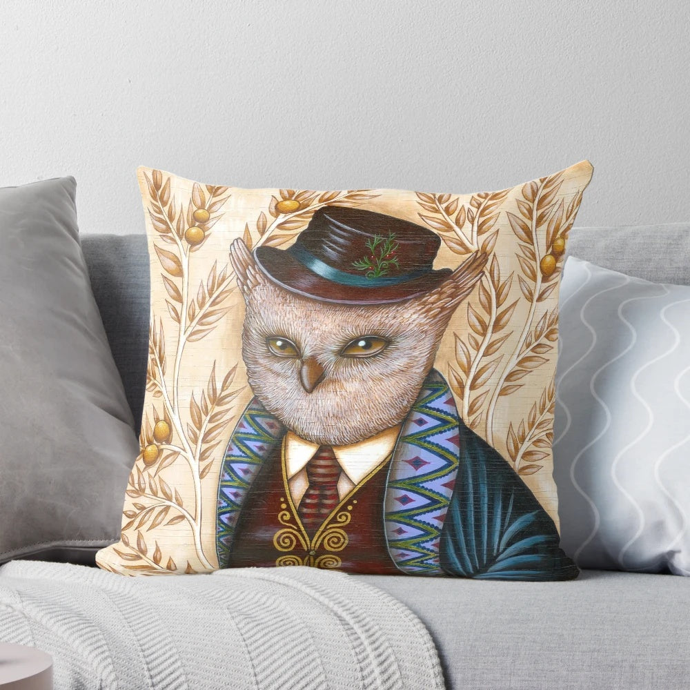 Whimsical wind king pillow featuring a magical owl hat design for fantasy home décor