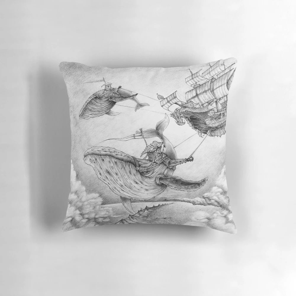 Whimsical pillow with a fantasy whale design, floating amidst clouds and a surreal, magical seascape