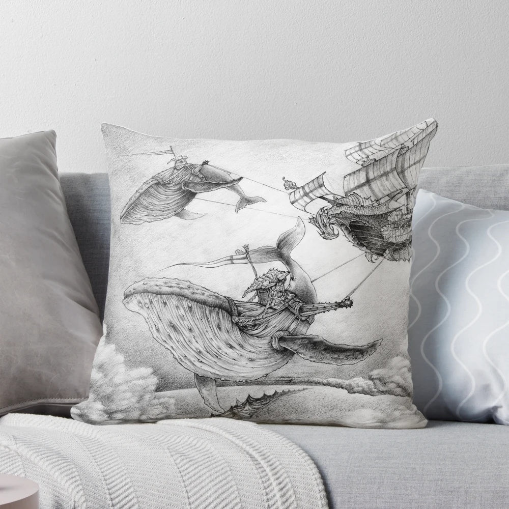 Whimsical pillow with a fantasy whale design, floating amidst clouds and a surreal, magical seascape