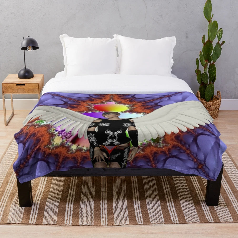 Winged messenger plush blanket with nature-inspired, colorful patterns