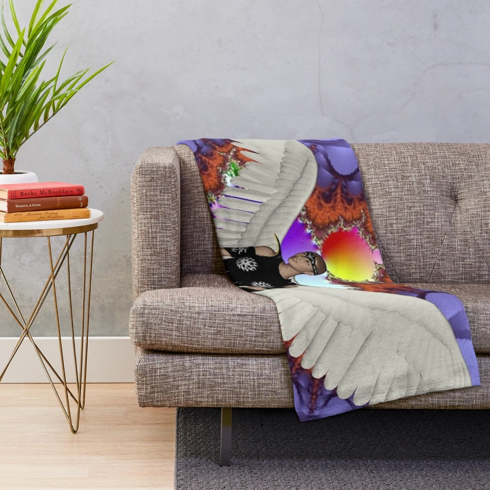 Winged messenger plush blanket with nature-inspired, colorful patterns