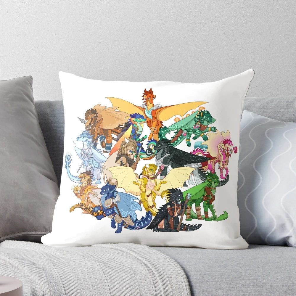 Vibrant and detailed pillow featuring the beloved characters from the Wings of Fire series reimagined as Dungeons & Dragons heroes.