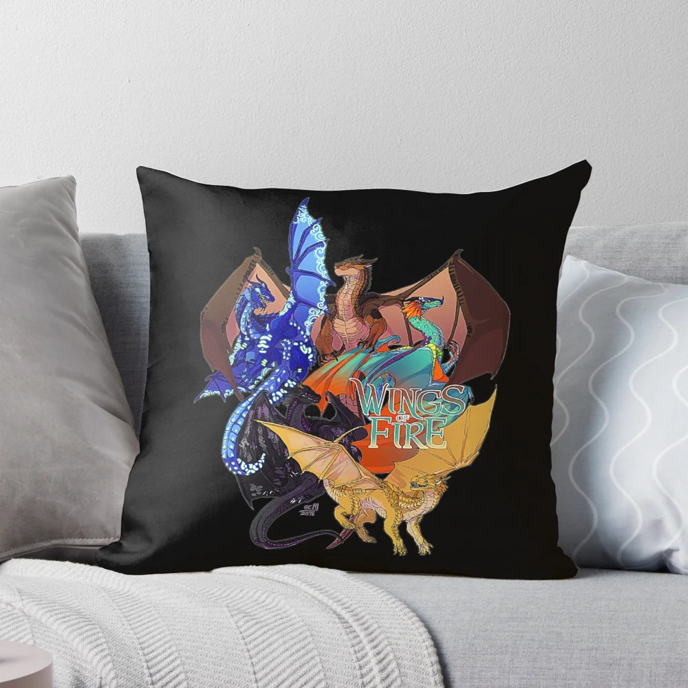 A plush, high-quality decorative pillow featuring the stunning dragons from the Wings of Fire book series.