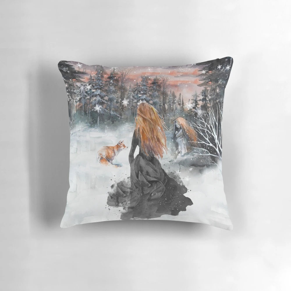 Soft, fluffy winter fairy tale pillow with snowy forest scene and fantasy elements