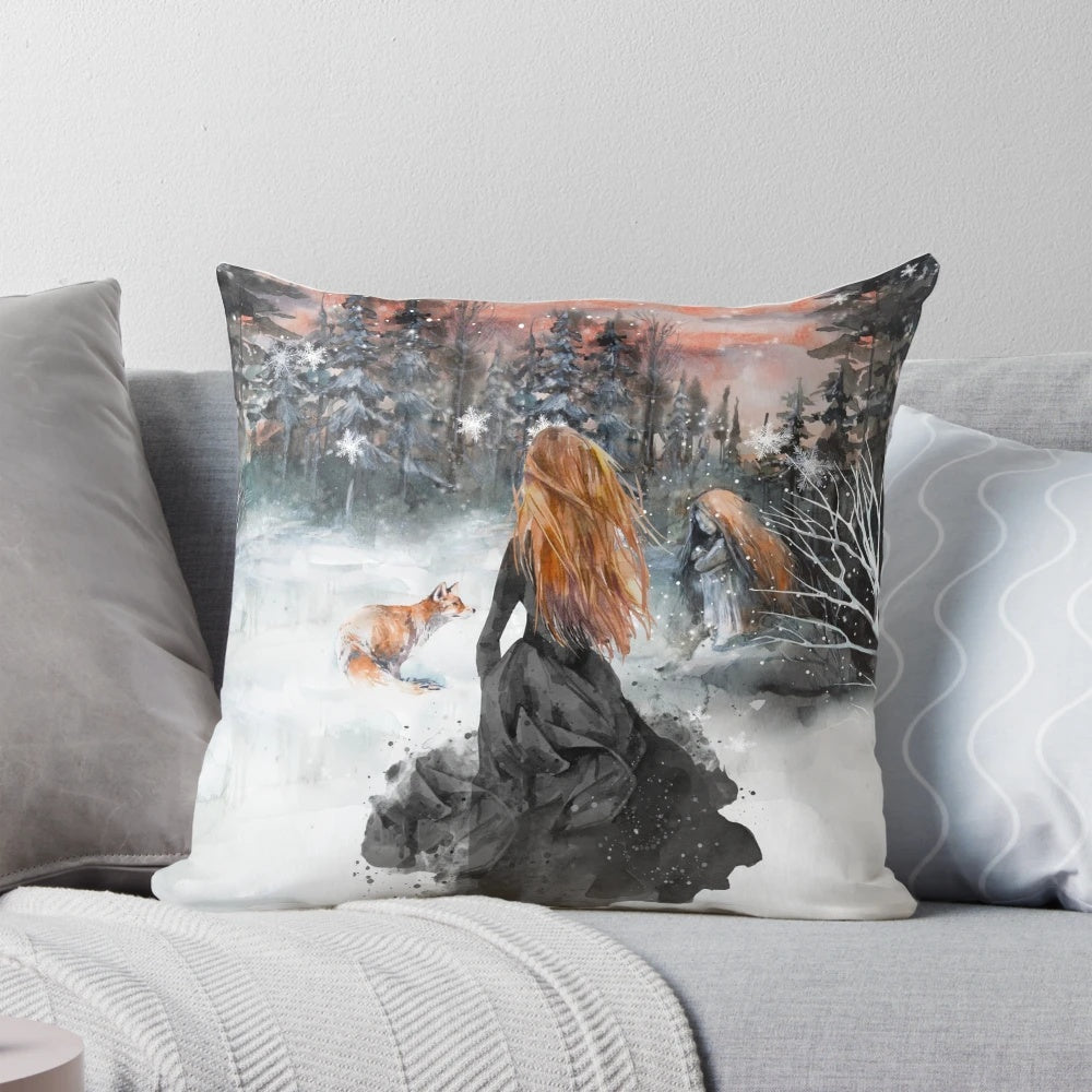 Soft, fluffy winter fairy tale pillow with snowy forest scene and fantasy elements
