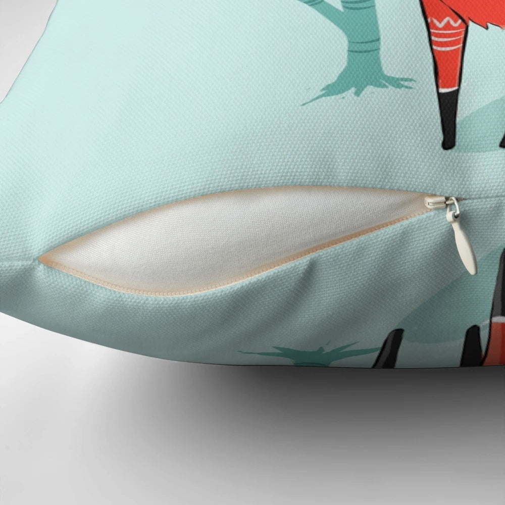 Whimsical winter fox decorative pillow with blue and red accents
