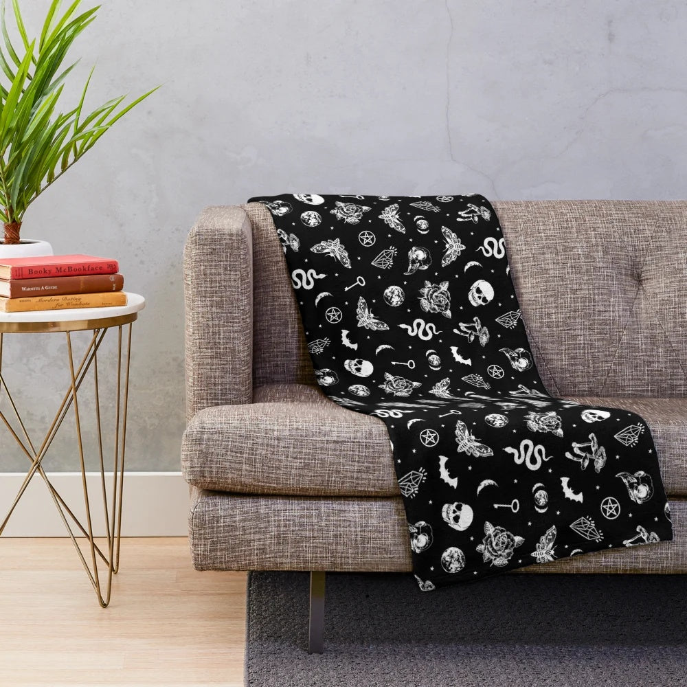 Mystical plush blanket with witchcraft, occult, and pagan inspired designs