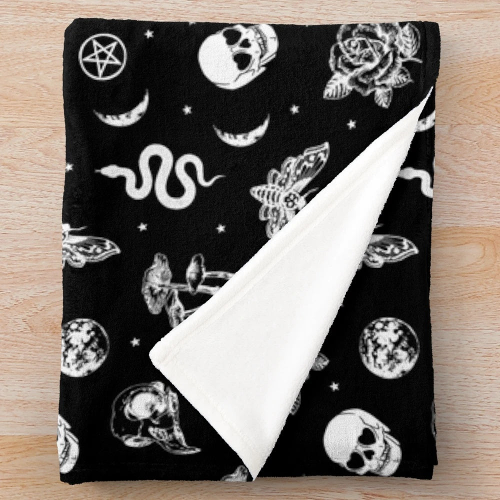 Mystical plush blanket with witchcraft, occult, and pagan inspired designs