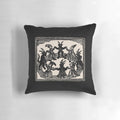 Decorative pillow featuring a woodcut-style illustration of witches dancing in a circle, perfect for Wiccan or pagan rituals and decor.