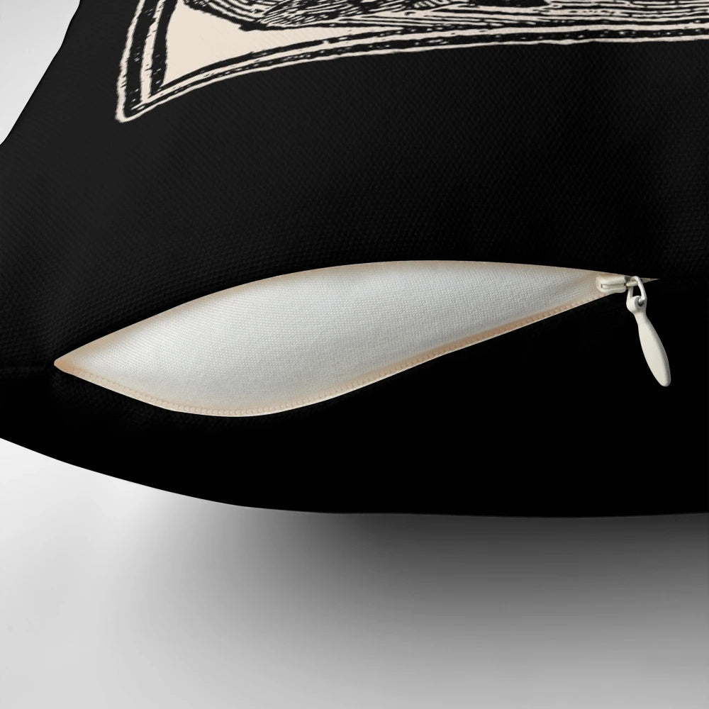 Decorative pillow featuring a woodcut-style illustration of witches dancing in a circle, perfect for Wiccan or pagan rituals and decor.