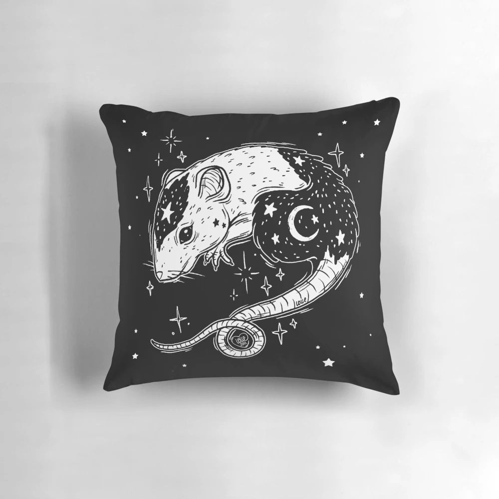 Mystical witch's companion pillow featuring a whimsical, celestial-inspired design with a curled-up animal familiar.