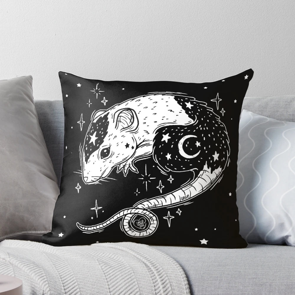 Mystical witch's companion pillow featuring a whimsical, celestial-inspired design with a curled-up animal familiar.
