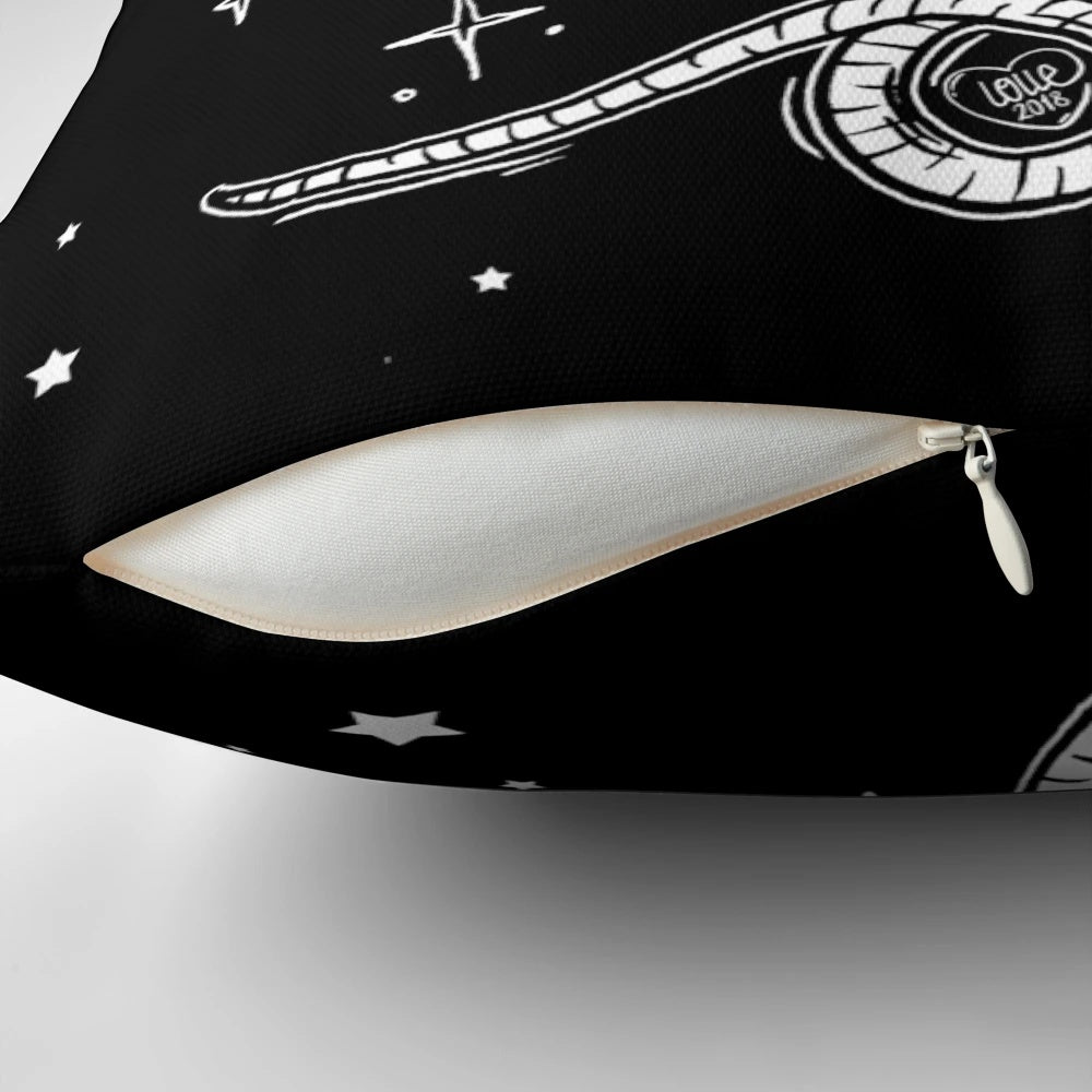 Mystical witch's companion pillow featuring a whimsical, celestial-inspired design with a curled-up animal familiar.
