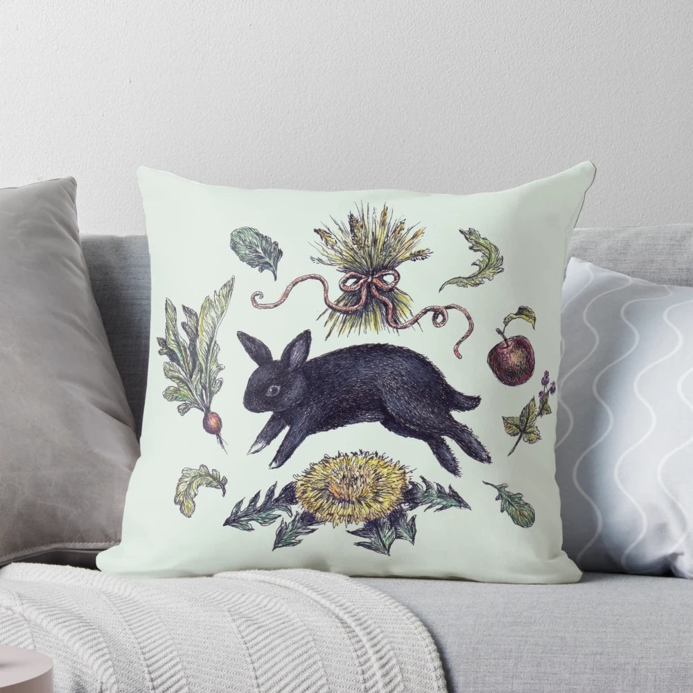 A cozy, whimsical pillow featuring a cute bunny or rabbit as a witch's familiar, perfect for home decor.