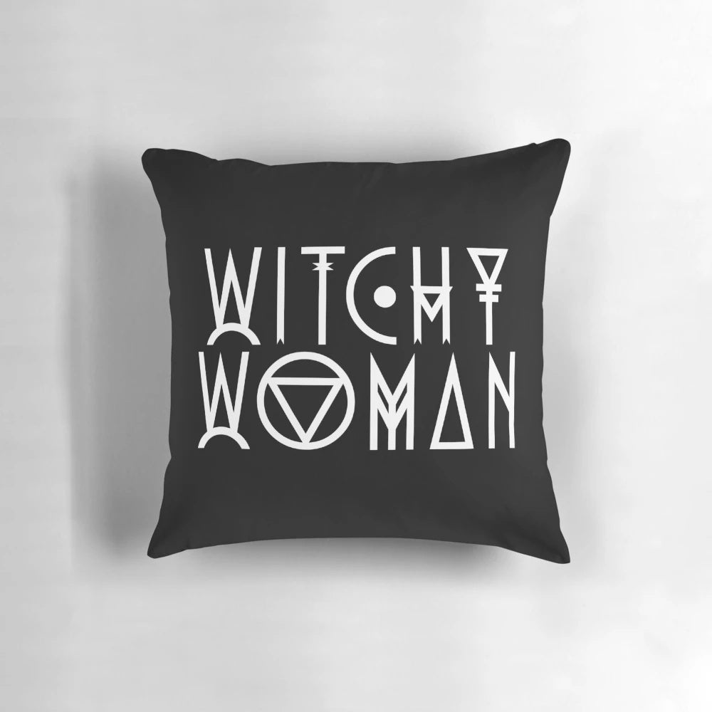 Decorative throw pillow featuring a whimsical witchy woman design