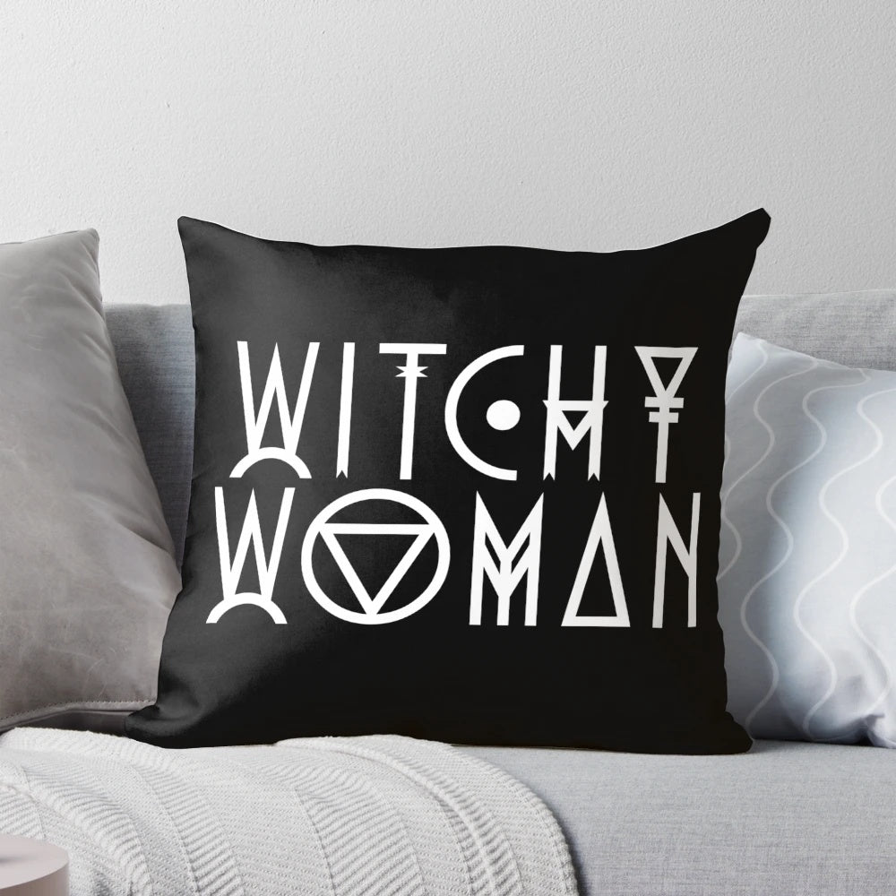Decorative throw pillow featuring a whimsical witchy woman design