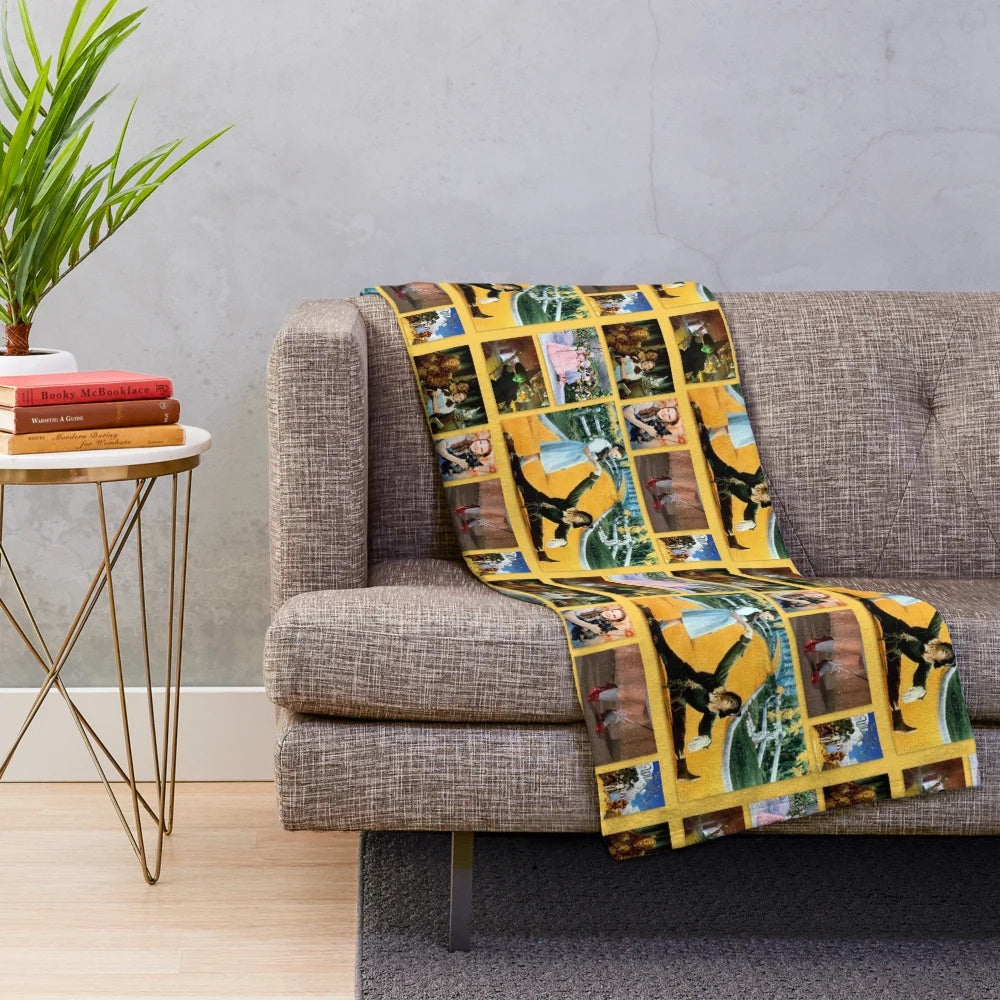 Wizard of Oz inspired plush blanket featuring a collage design of characters from the classic film