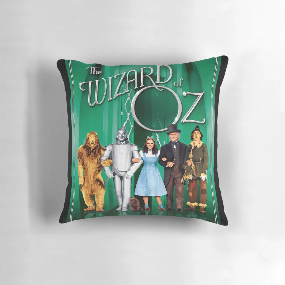 Vibrant Wizard of Oz pillow featuring Dorothy, Toto, and the iconic characters from the beloved film.