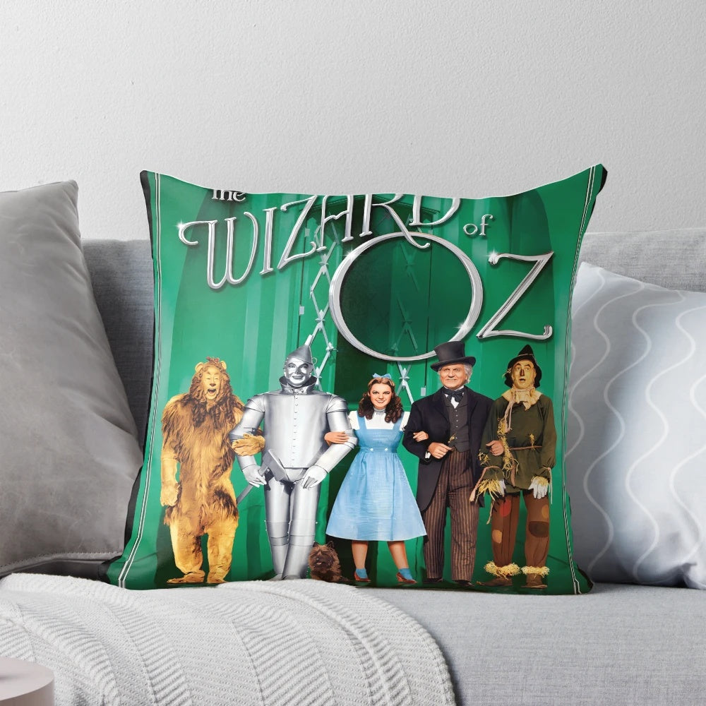 Vibrant Wizard of Oz pillow featuring Dorothy, Toto, and the iconic characters from the beloved film.