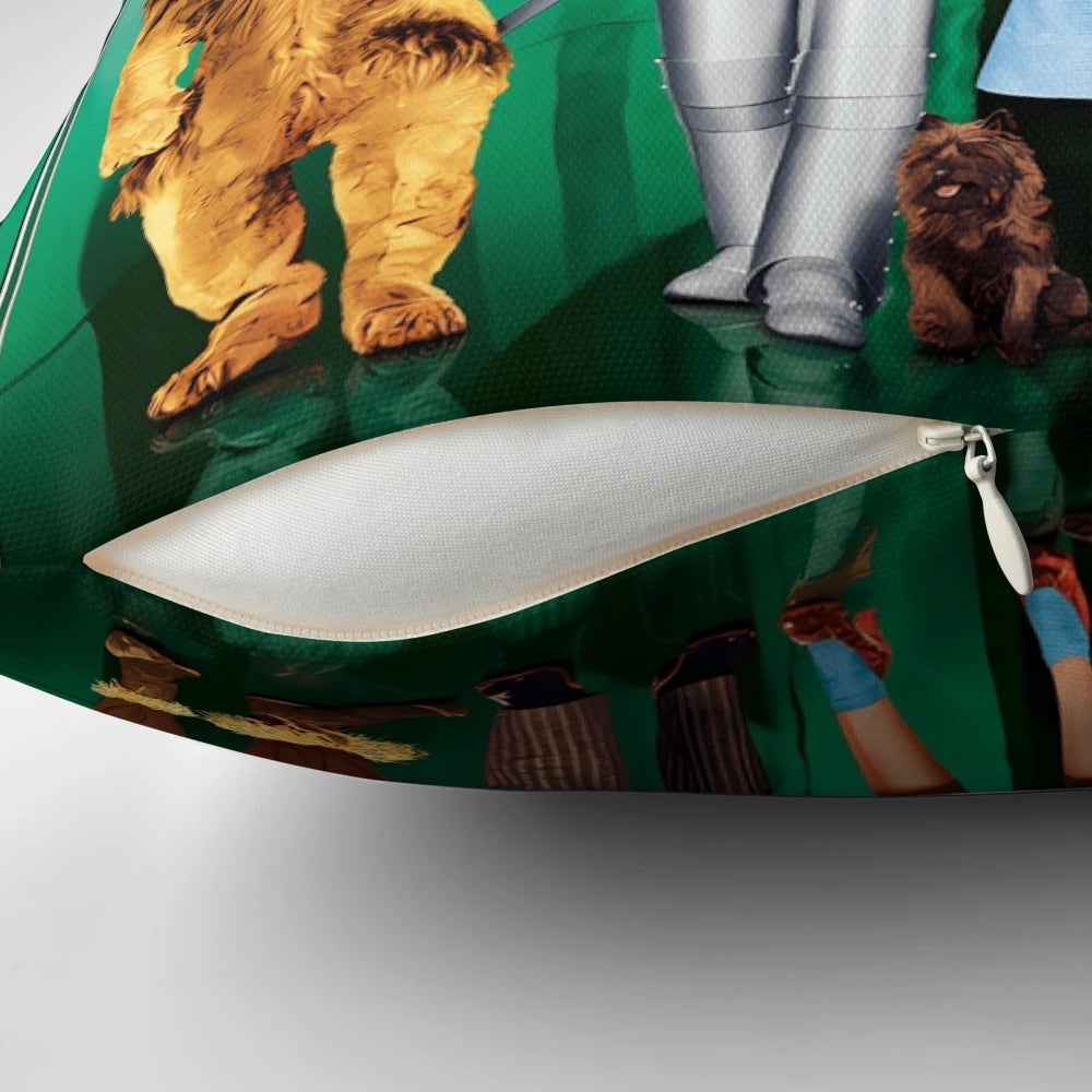 Vibrant Wizard of Oz pillow featuring Dorothy, Toto, and the iconic characters from the beloved film.