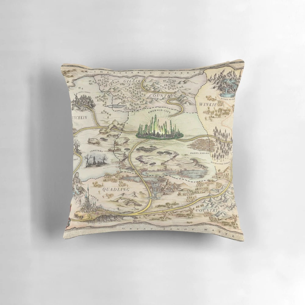 Colorful Map of Oz Pillow Featuring Dorothy, Tin Man, Cowardly Lion, and Scarecrow