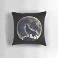 Decorative pillow featuring a majestic wolf howling at a full moon in a mystical landscape