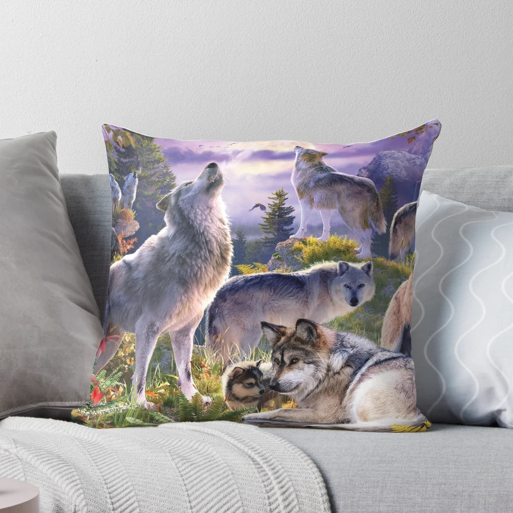 Cozy and captivating wolf pack pillow with a howling wolf under the moon.