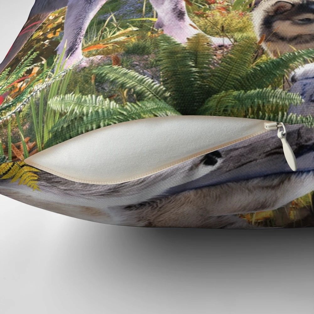 Cozy and captivating wolf pack pillow with a howling wolf under the moon.