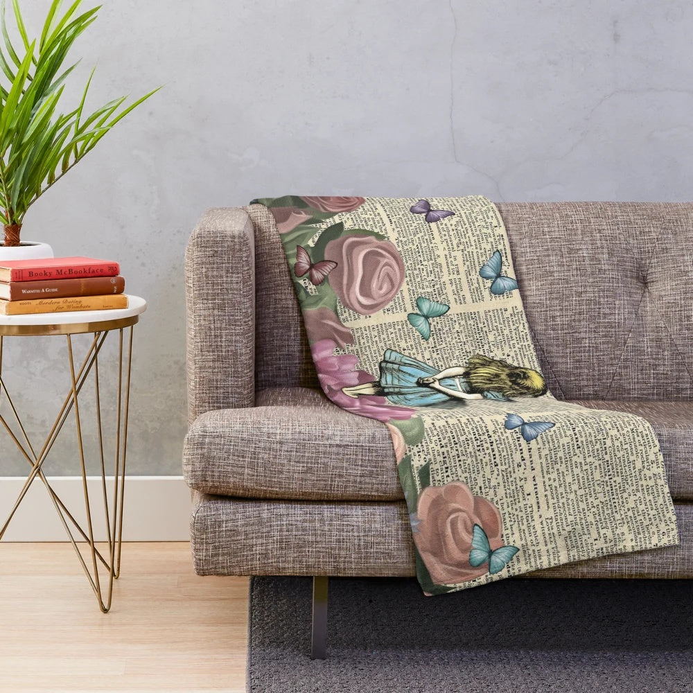 Whimsical Alice in Wonderland inspired plush blanket with vintage floral and nature motifs