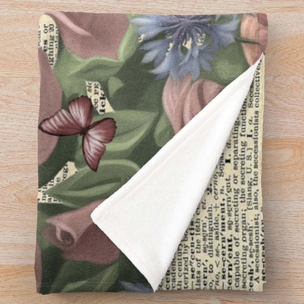Whimsical Alice in Wonderland inspired plush blanket with vintage floral and nature motifs
