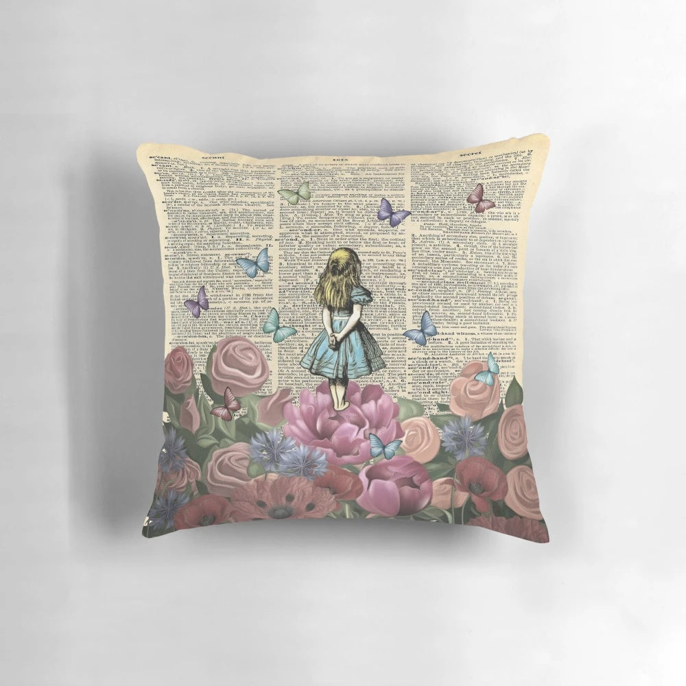 A cozy throw pillow featuring a whimsical garden scene inspired by the classic Alice in Wonderland story.