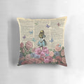 A cozy throw pillow featuring a whimsical garden scene inspired by the classic Alice in Wonderland story.