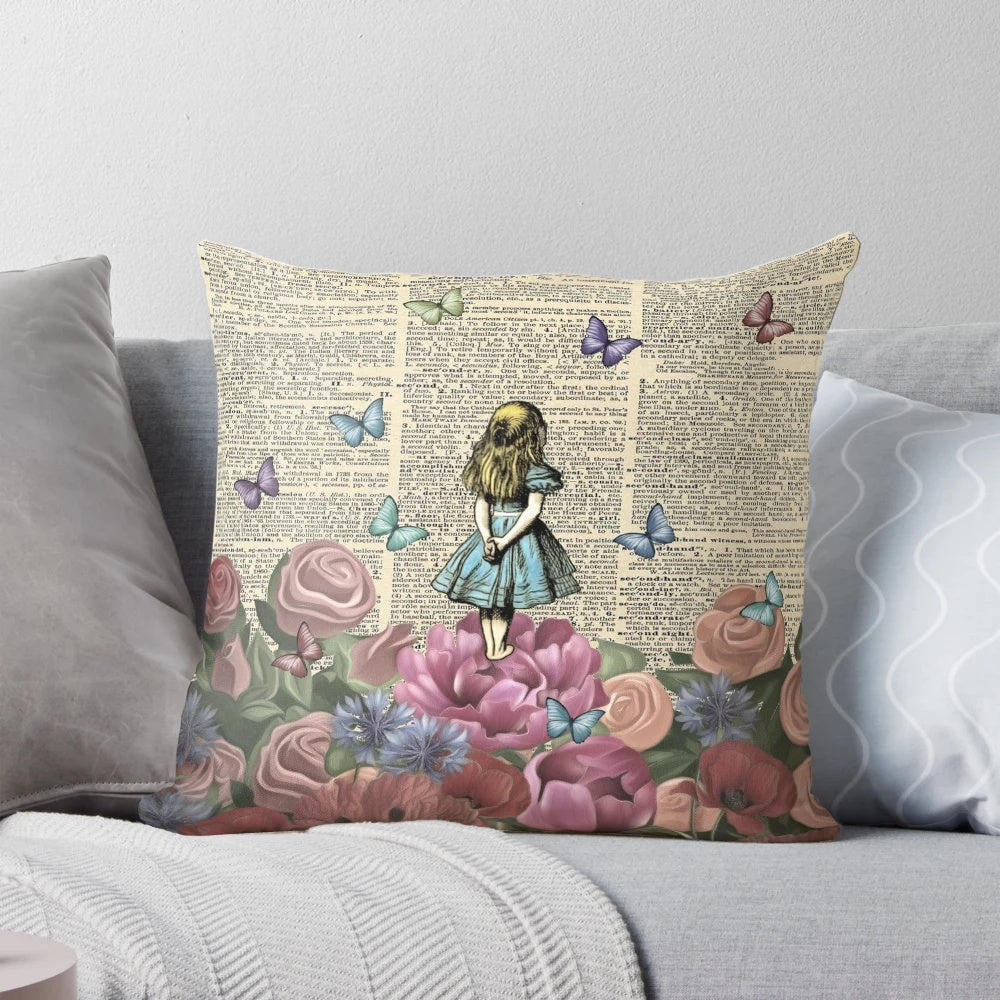 A cozy throw pillow featuring a whimsical garden scene inspired by the classic Alice in Wonderland story.