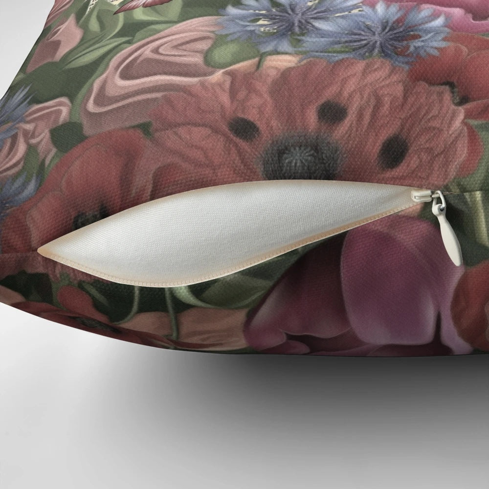 A cozy throw pillow featuring a whimsical garden scene inspired by the classic Alice in Wonderland story.