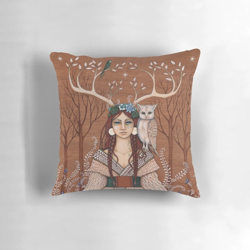 Handcrafted wood witch pillow with owl and antler accents, perfect for boho and nature-inspired home decor