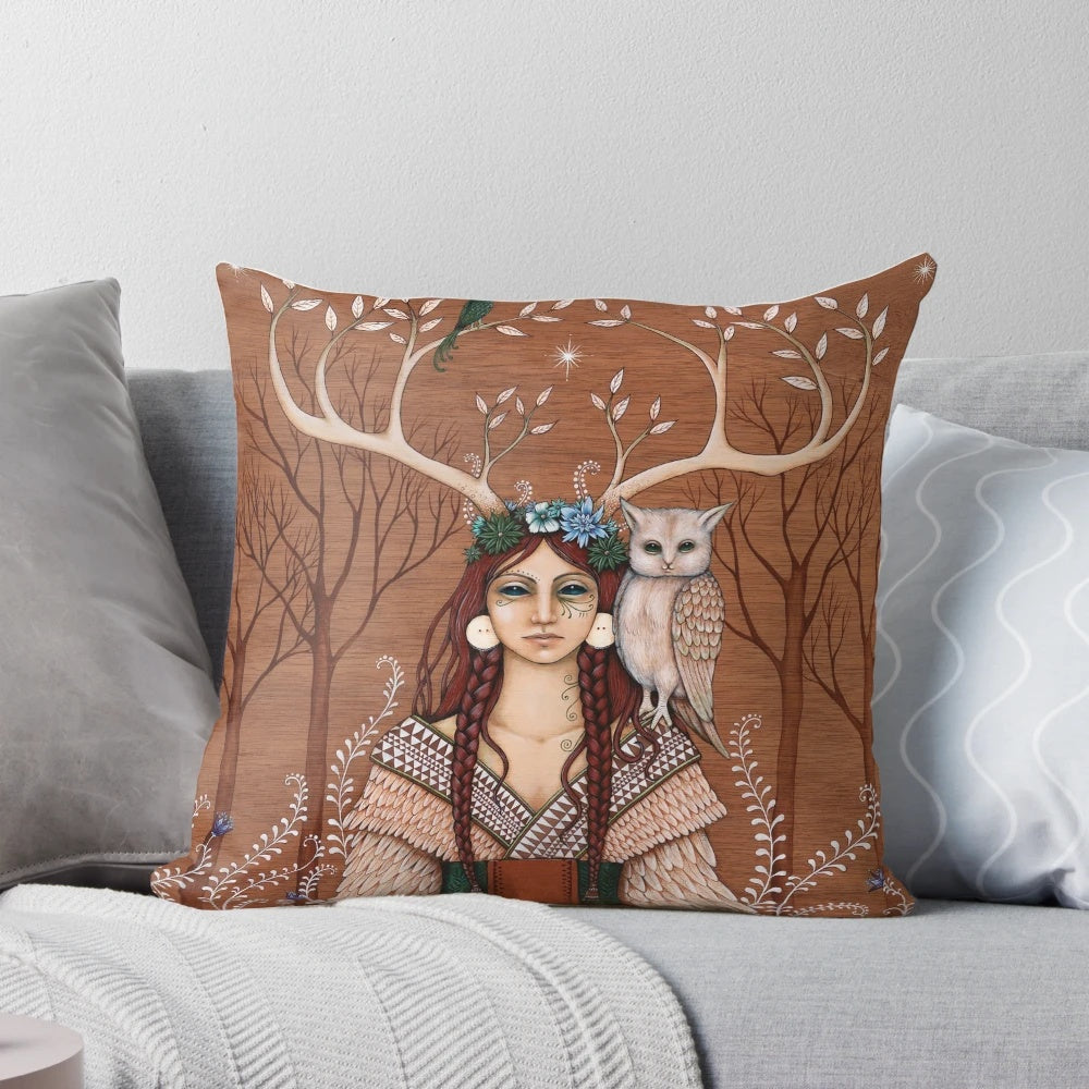 Handcrafted wood witch pillow with owl and antler accents, perfect for boho and nature-inspired home decor