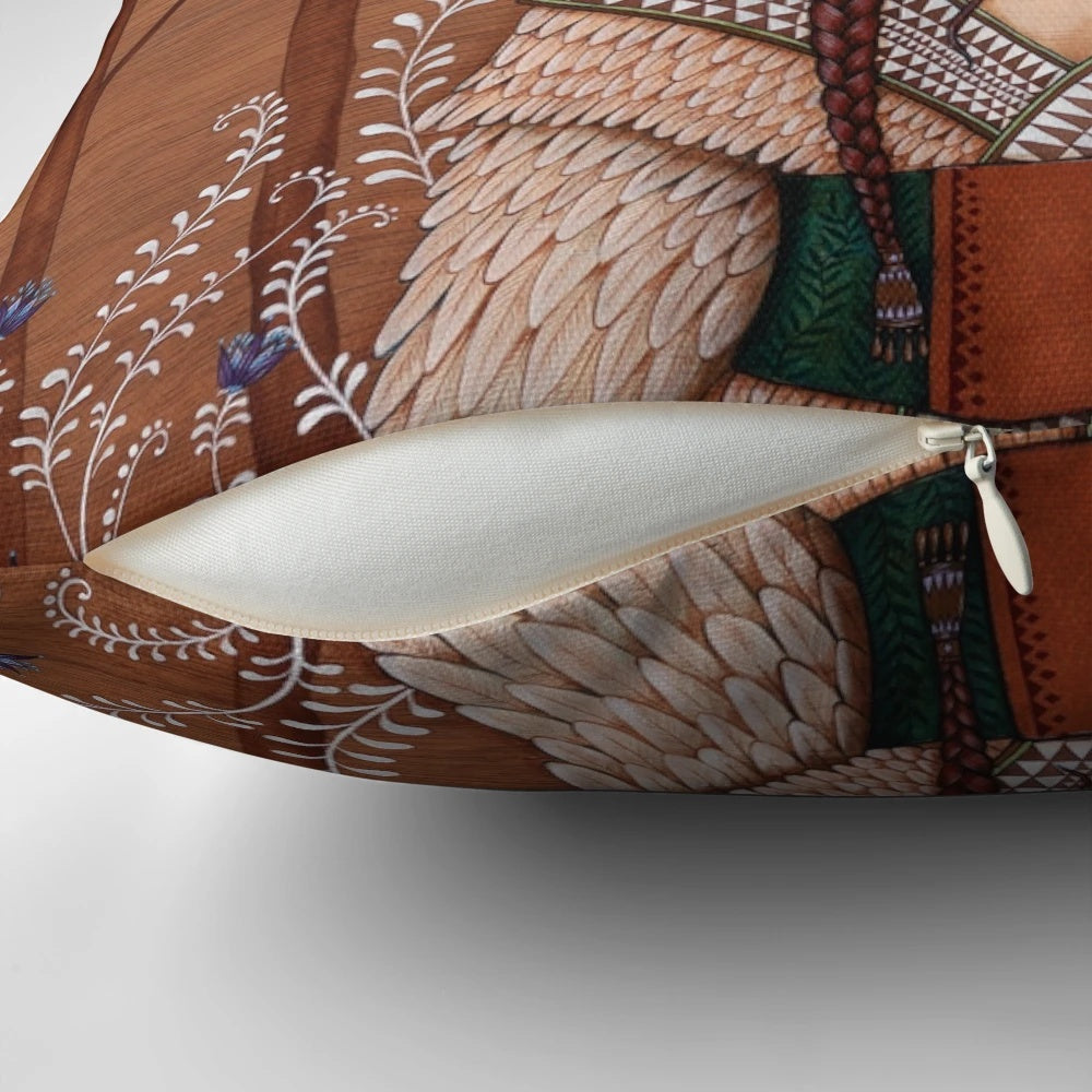 Handcrafted wood witch pillow with owl and antler accents, perfect for boho and nature-inspired home decor