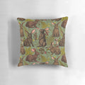 A cozy pillow featuring a beautiful illustration of rabbits, ferns, and other woodland flora