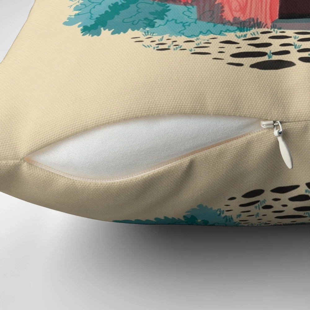 Illustrated pillow featuring a cozy woodland house surrounded by flowers and plants