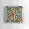 Vibrant digital illustration of a repeating mushroom pattern in earthy tones on a throw pillow