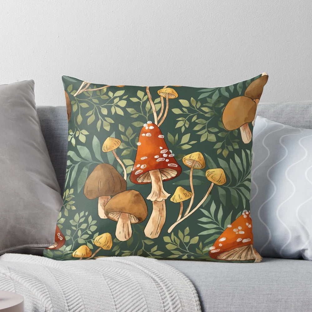Vibrant digital illustration of a repeating mushroom pattern in earthy tones on a throw pillow