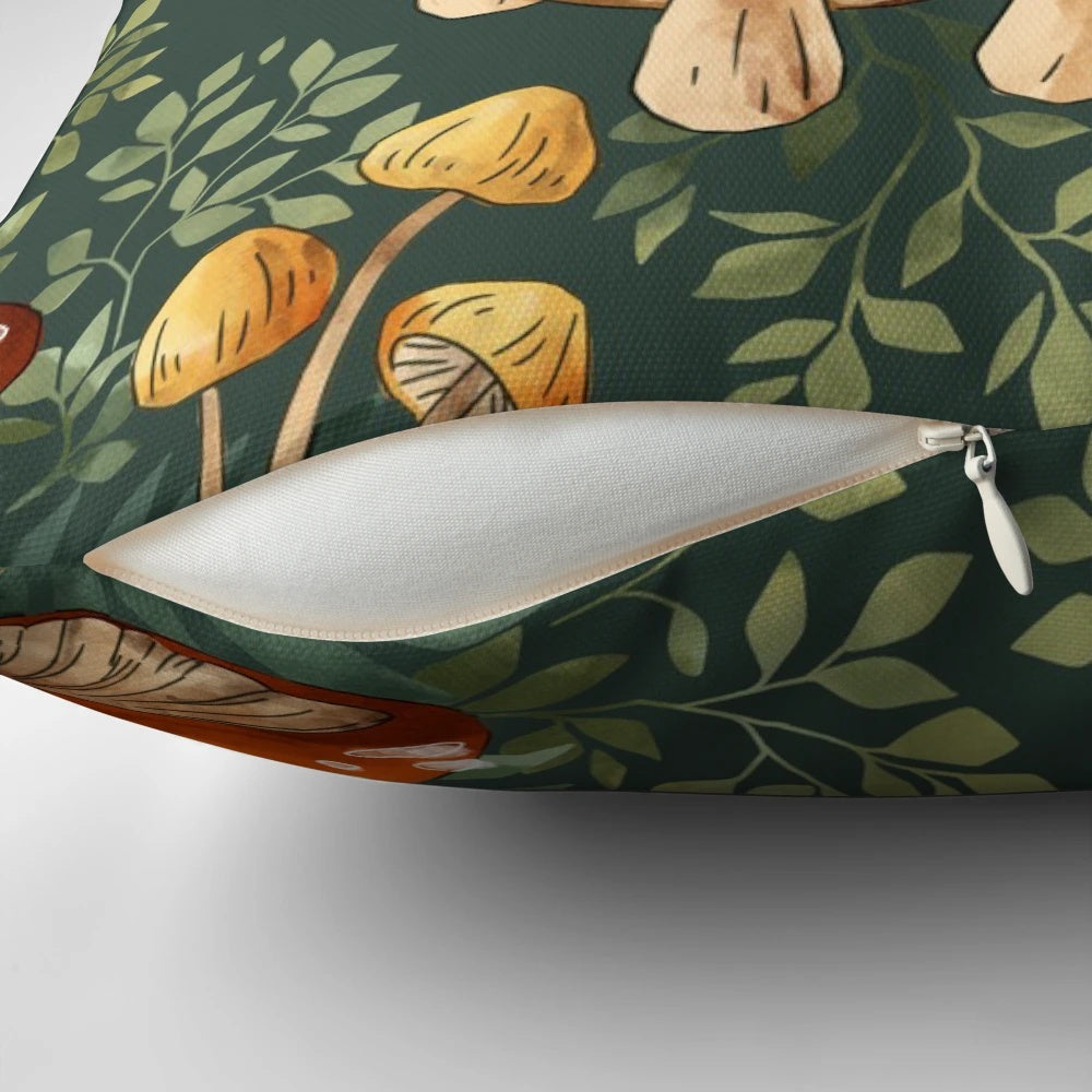 Vibrant digital illustration of a repeating mushroom pattern in earthy tones on a throw pillow