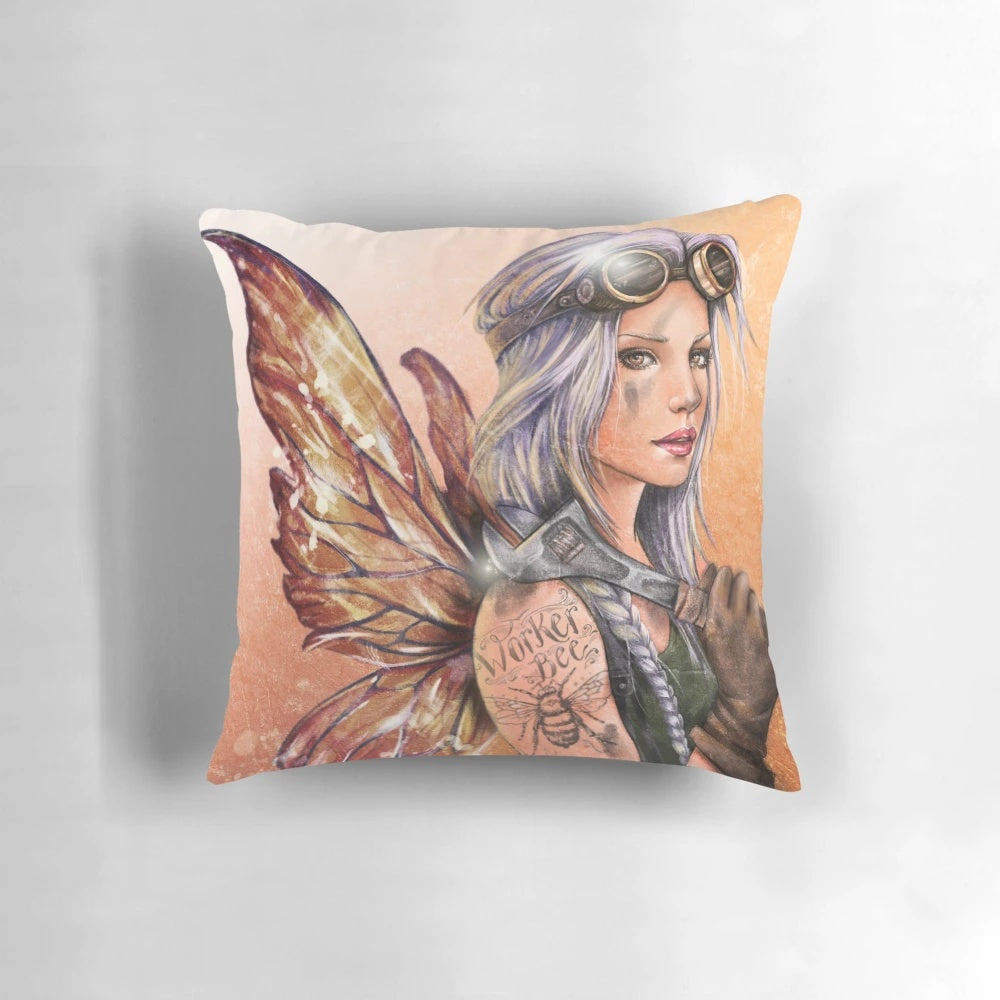 A whimsical worker bee-themed pillow with a fantasy and steampunk design, perfect for home decor.
