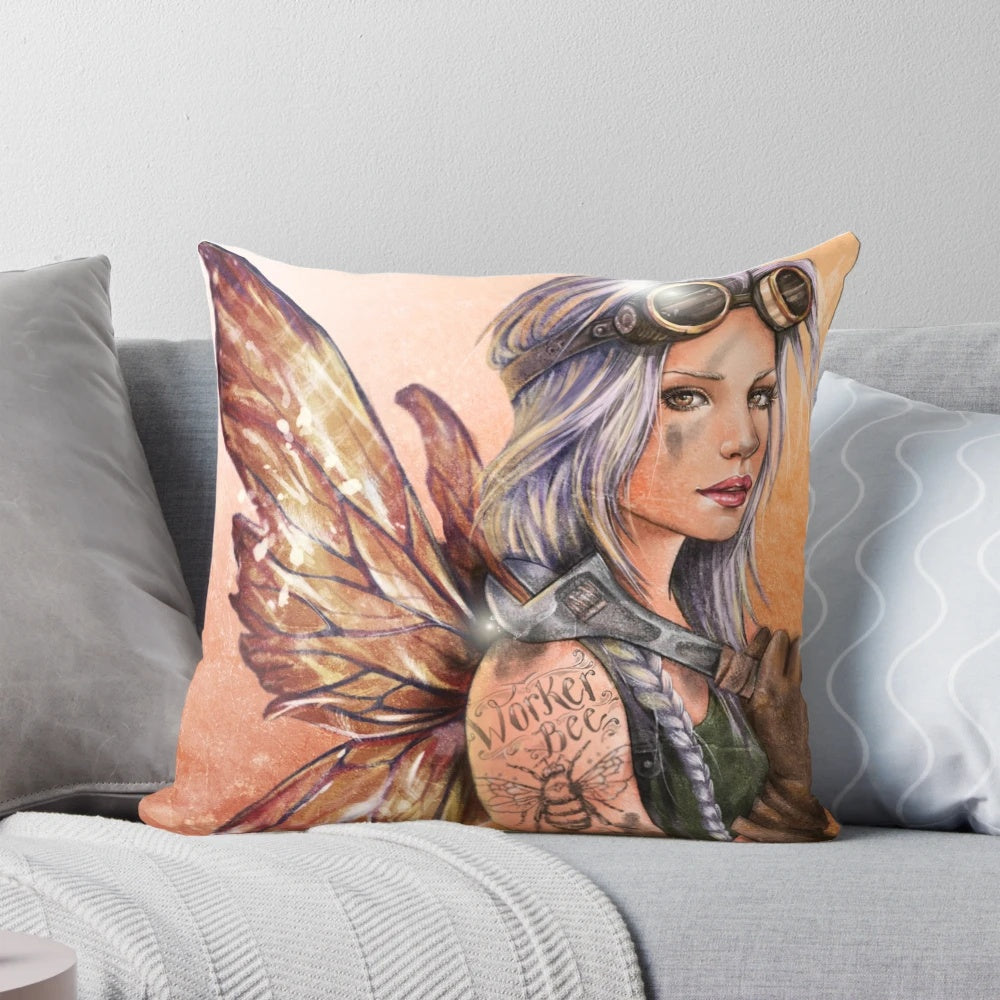 A whimsical worker bee-themed pillow with a fantasy and steampunk design, perfect for home decor.