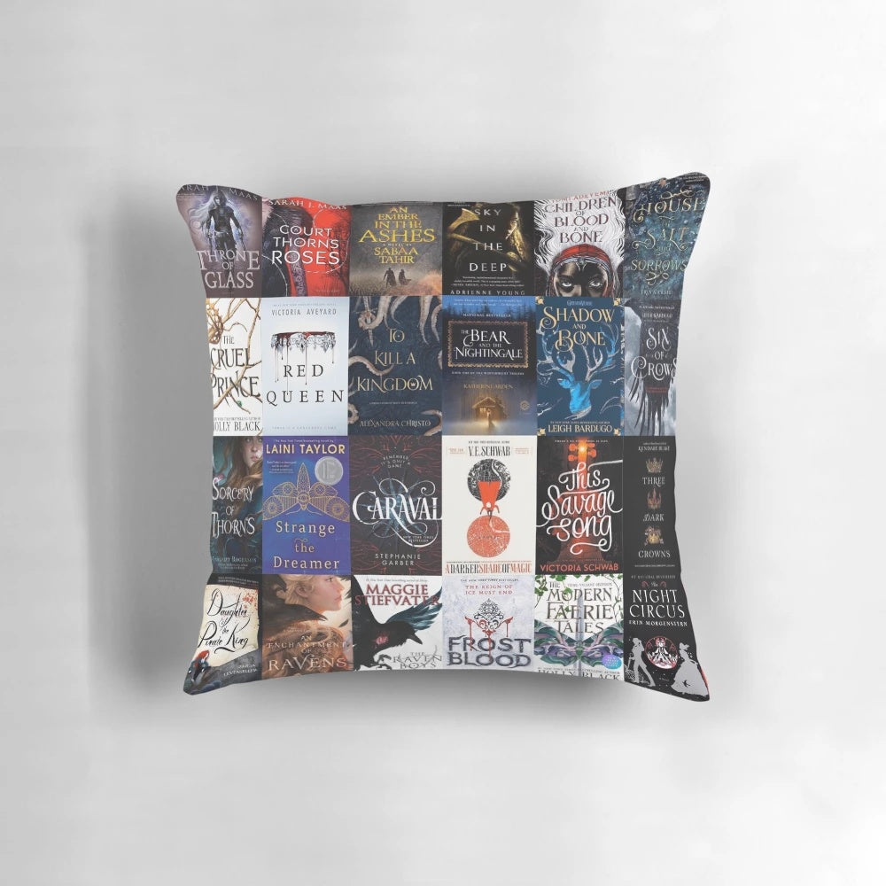 A cozy pillow featuring popular YA fantasy book titles like The Cruel Prince, Shadow and Bone, and Throne of Glass.
